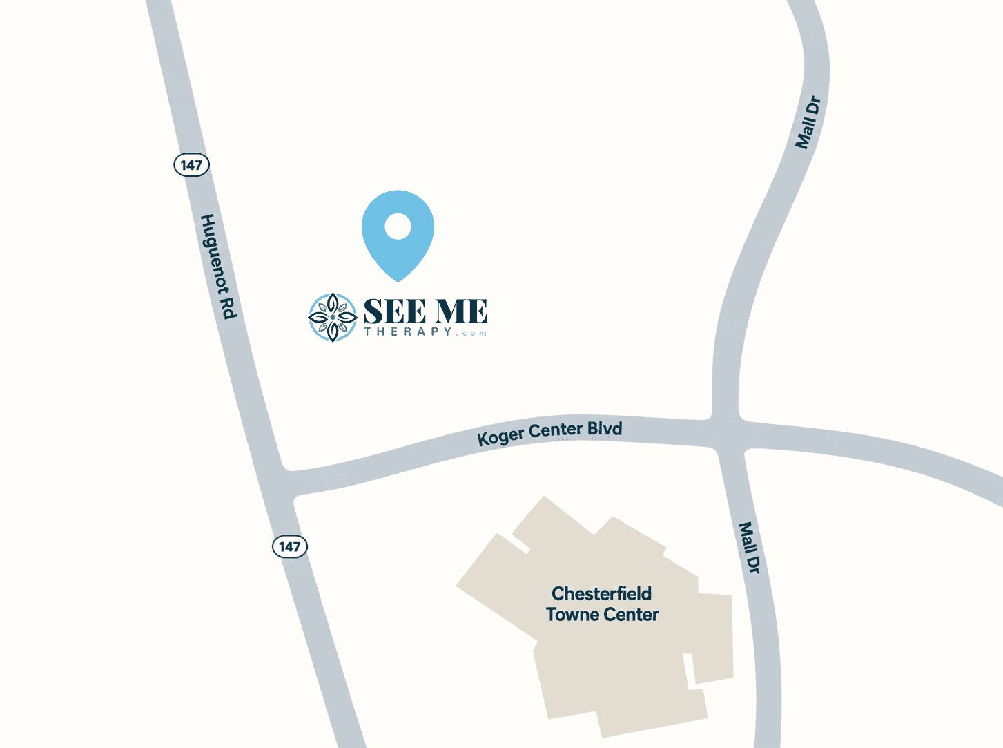 Map showing See Me Therapy at 1517 Huguenot Rd Ste 200A, Midlothian, on Huguenot Road near Koger Center Boulevard and Chesterfield Towne Center